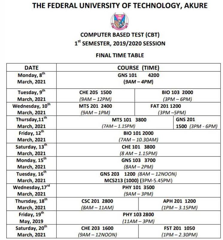 Federal University of Technology Akure (FUTA) 2019/2020 First Semester CBT Final Timetable 1